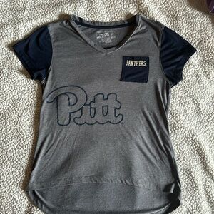 3/$15 PITT SCRIPT WOMANS V-NECK T-SHIRT CAMPUS HERITAGE MED GRAY&BLUE PITTSBURGH